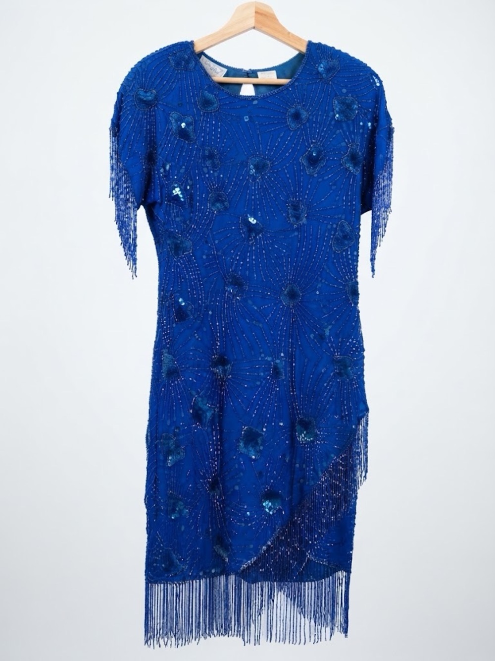 Vintage Stenay Royal Blue Silk Beaded Sequin Fringe Dress P8